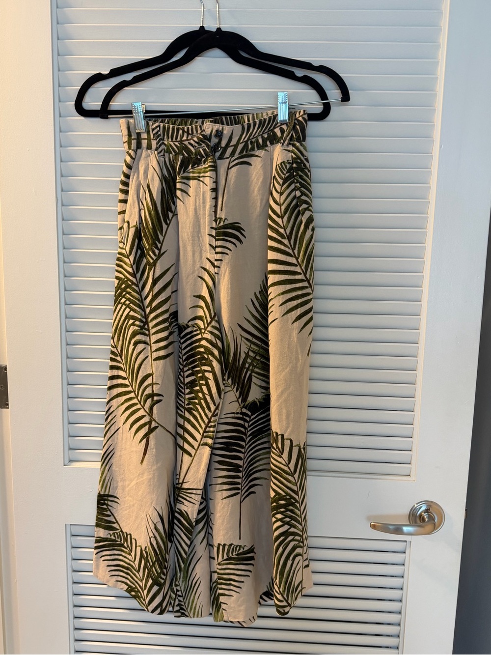 Linen Beige Palm-Print Wide Lenght Pants